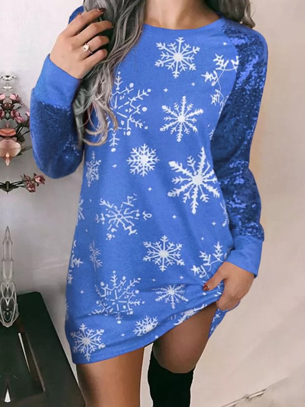 Christmas Snowflake Print Long Sleeve Dress