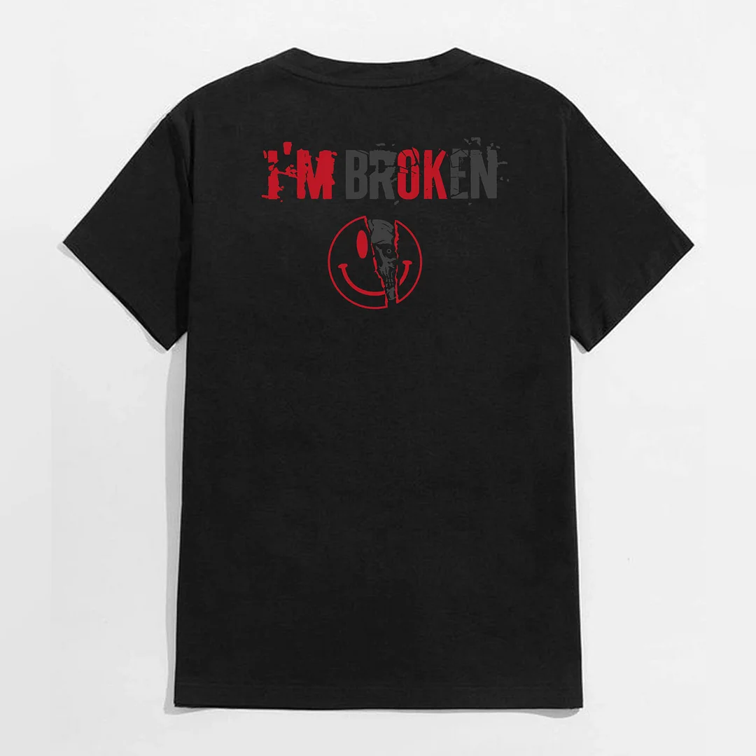 I’M BROKEN and Smiling Face Skull Graphic Casual Black and White Print T-shirt