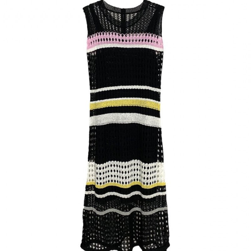 New Summer Fashion Hollow Out Knitted Dresses Women Sleeveless Striped Patchwork Sweater Mermaid Dress Vintage