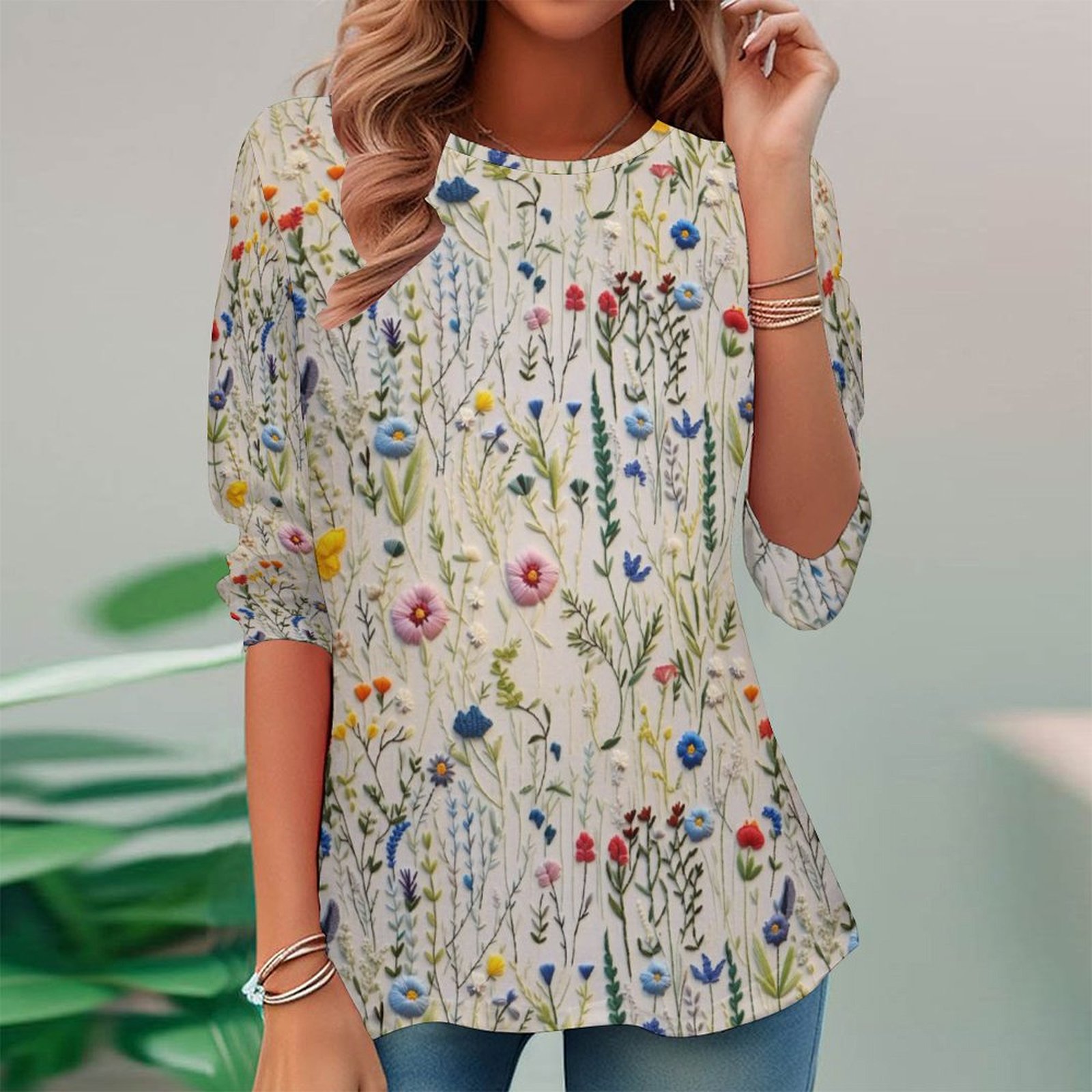 Women Long Sleeve V-neck Graphic Floral Printed Top