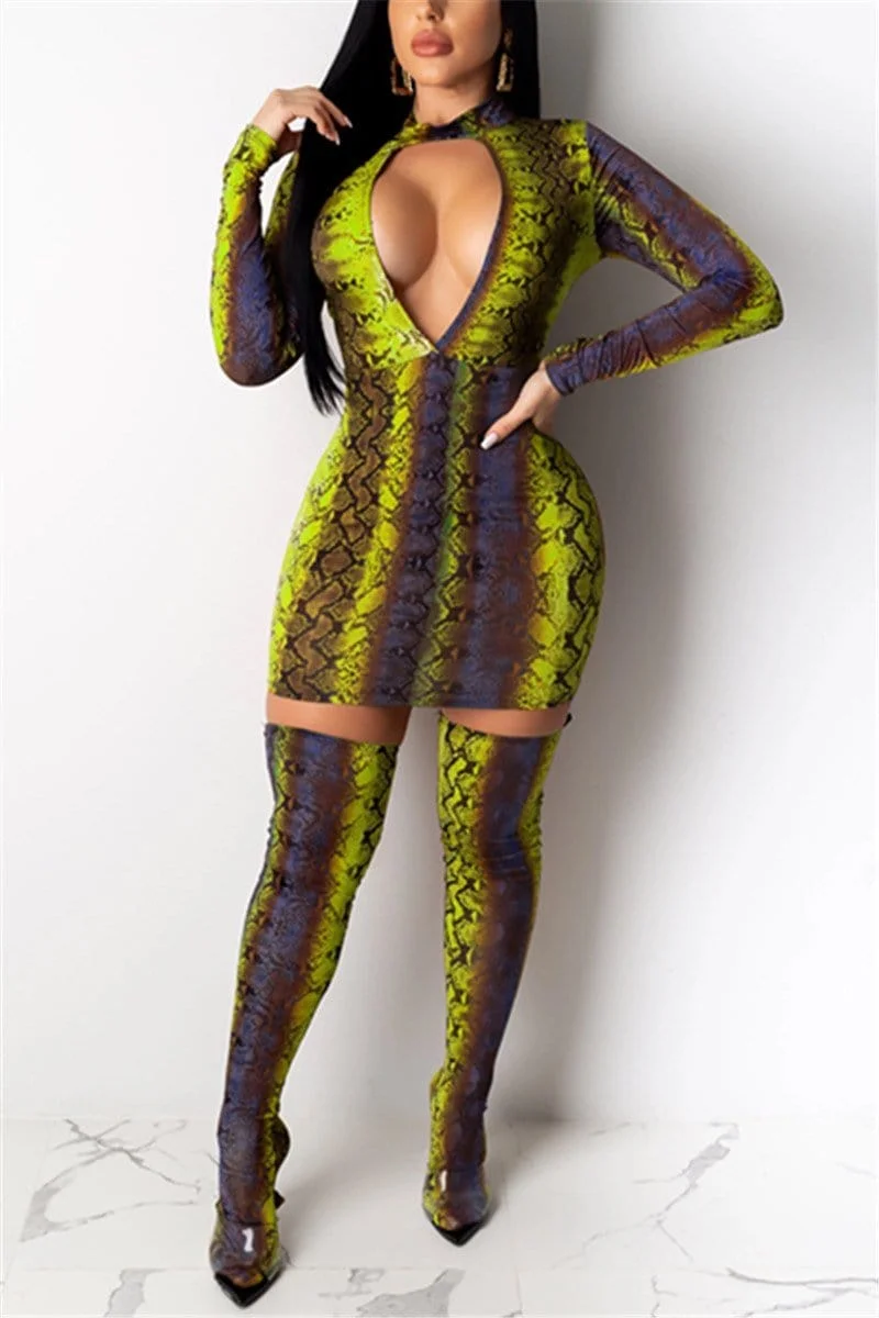 Fashionable Sexy Snake Print Dress (Without Socks)