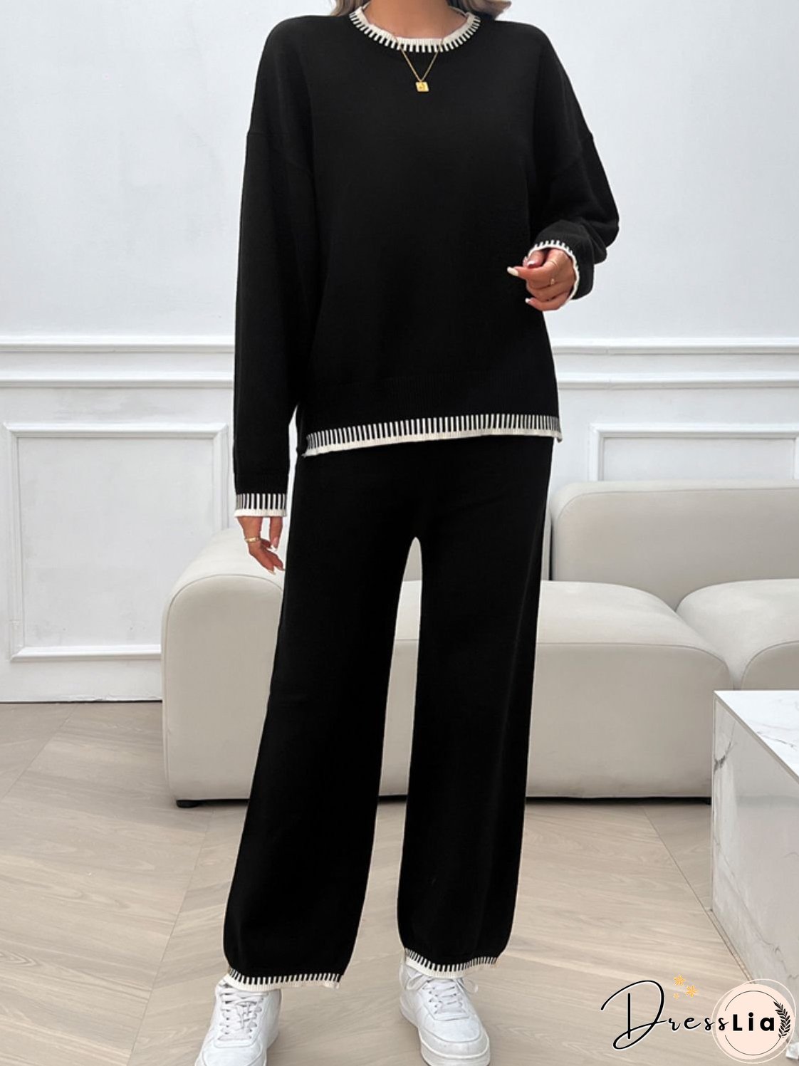 Round Neck Dropped Shoulder Top and Pants Sweater Set