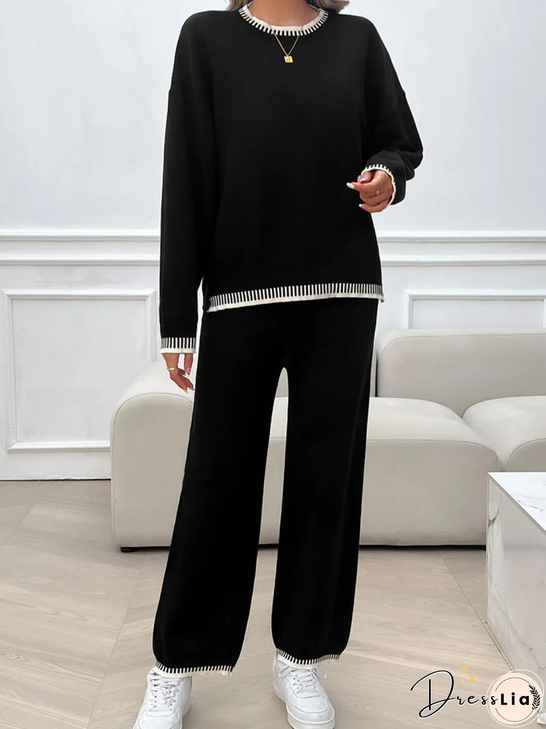 Round Neck Dropped Shoulder Top and Pants Sweater Set