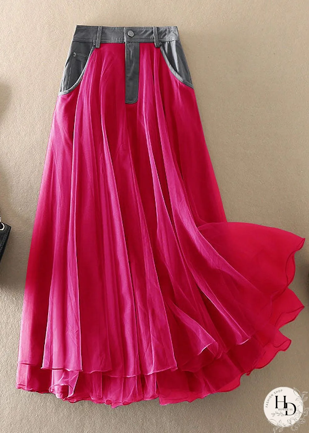 Natural Red high waist Patchwork Tulle Skirts Spring