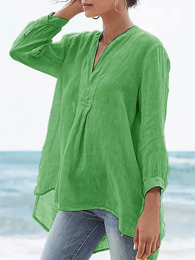 Solid V Neck Casual 3 4 Sleeve Plus Size Shirts