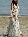 Floral Deep V-Neck Falbala Empire Vacation Sleeveless Maxi Dress