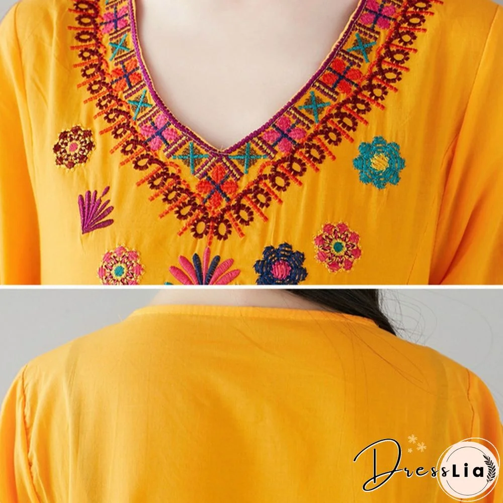 Women Dress Midi Linen Ethnic Floral Embroidery Tunic Beach Boho Holiday Hippie