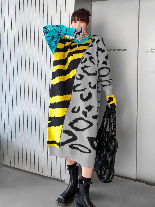 Urban Long Sleeves Contrast Color Split-Joint Round-Neck Sweater Dresses