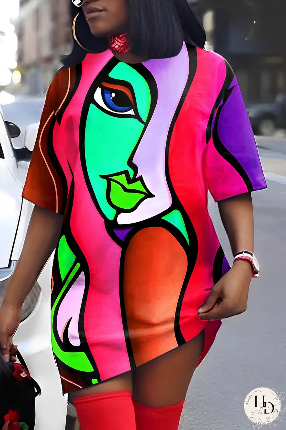 Rose Red Casual Print Patchwork V Neck Short Sleeve Dress