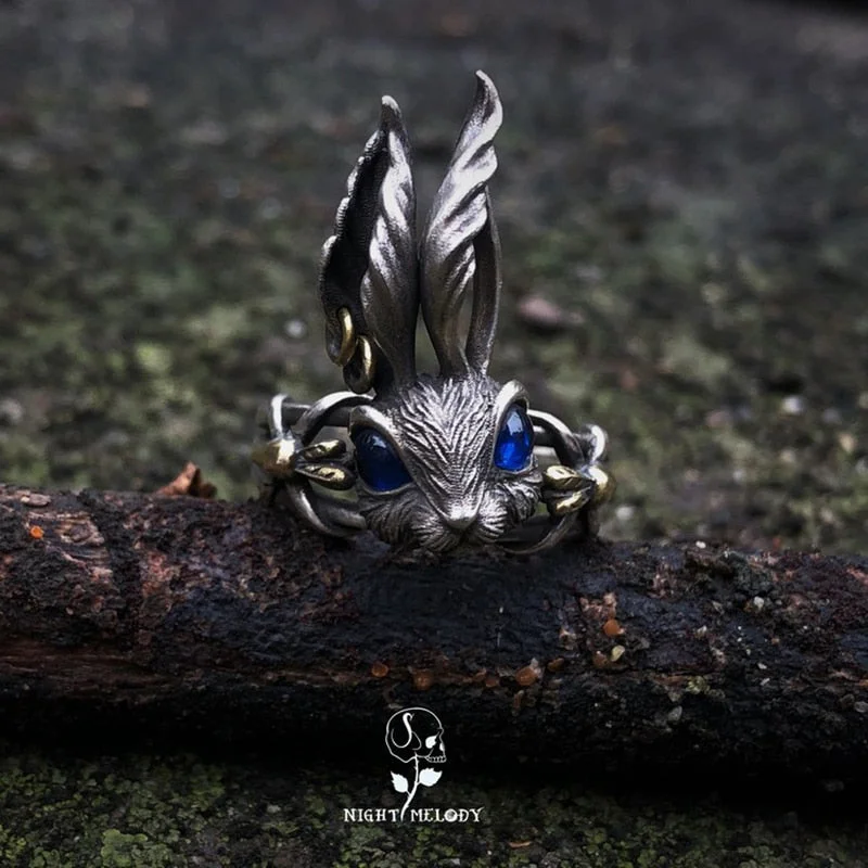 Christmas Gift Fantasy Fairy Tale Blue Eyes Bunny Ring Cute Big Ears Rabbit Women Ring Retro Silver Color Men Ring Fashion Jewelry Gift