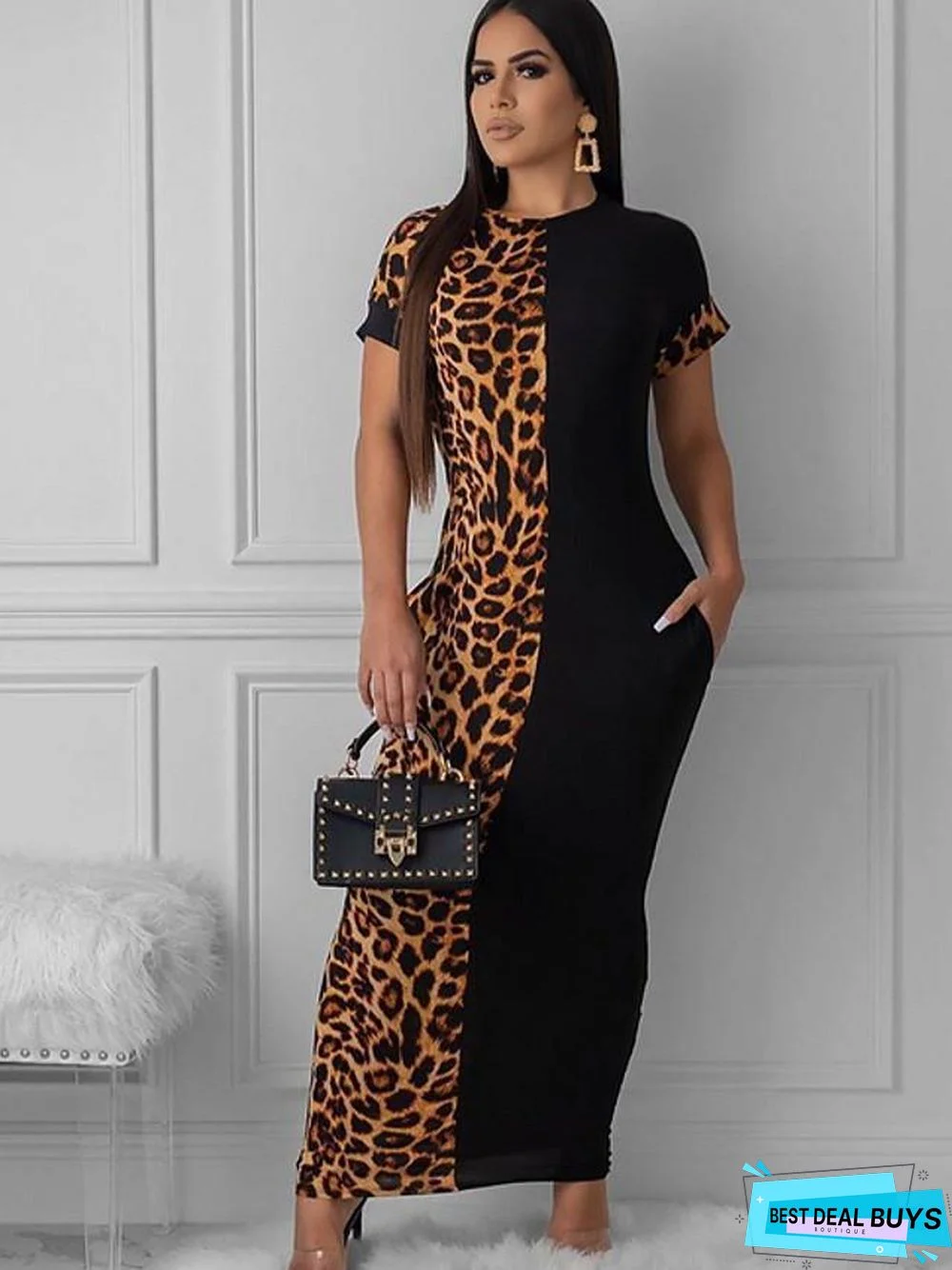 Women's Sheath Dress Maxi Long Dress Short Sleeve Leopard Black Orange Black Dresses