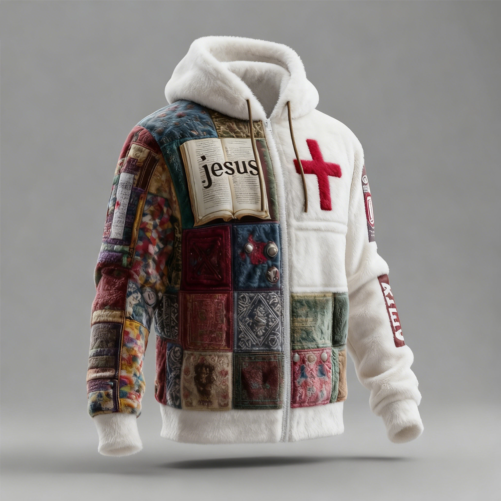 Men's Vintage Christian Patchwork Art Full Zip Plush Hoodie elevenforest