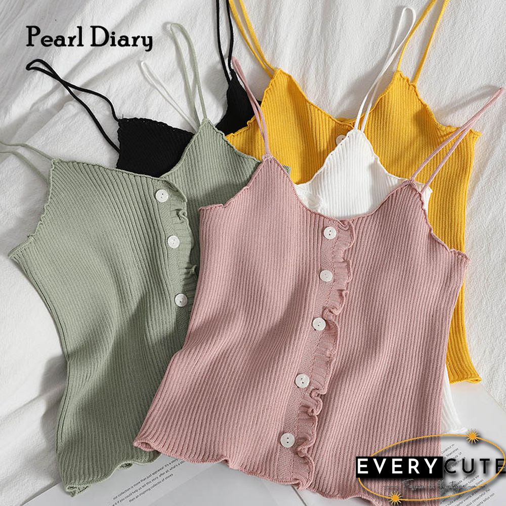 Pearl Diary Women Spaghetti Strap Knitted Tops Summer Ruffle Camis Top With Front Buttons Solid Color Basic Knitted Cute Tops