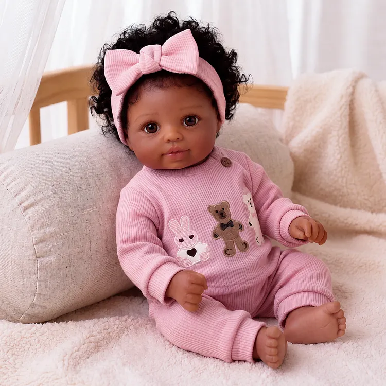 Babeside Sweet Jaden 17" Realistic African American Baby Doll Girl in Pink Bunny Knit Lounge Set