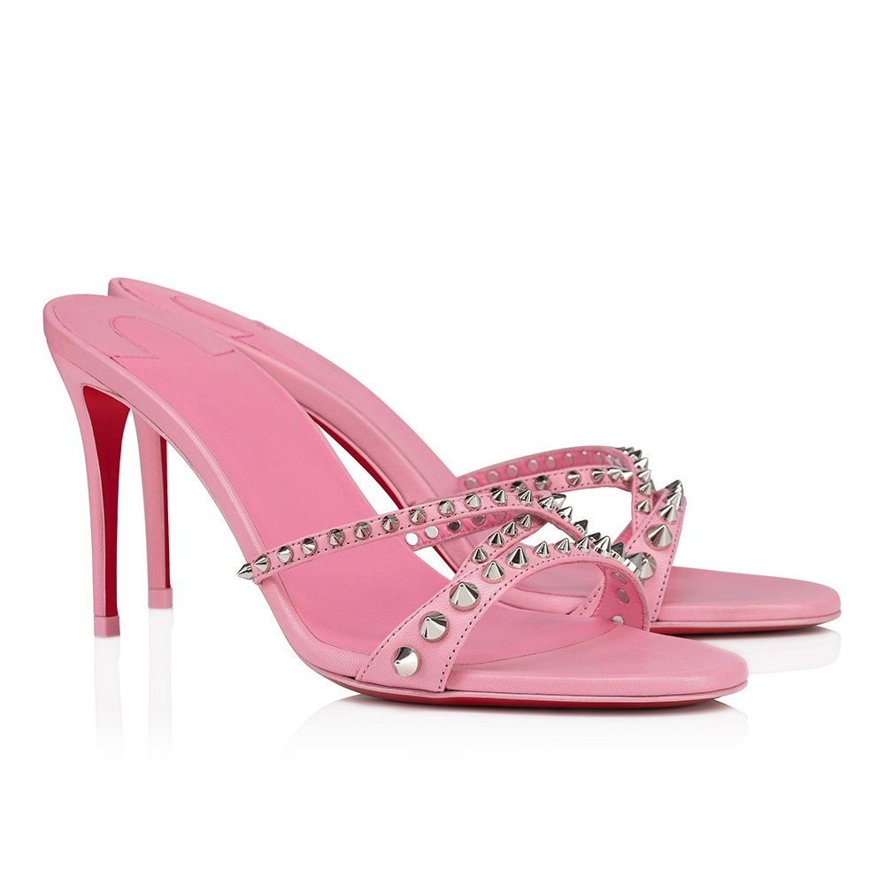 85mm Women's Sandals Pointed Toe Rivet Mules Red Bottom Heels Slip on Stilettos-vocosishoes
