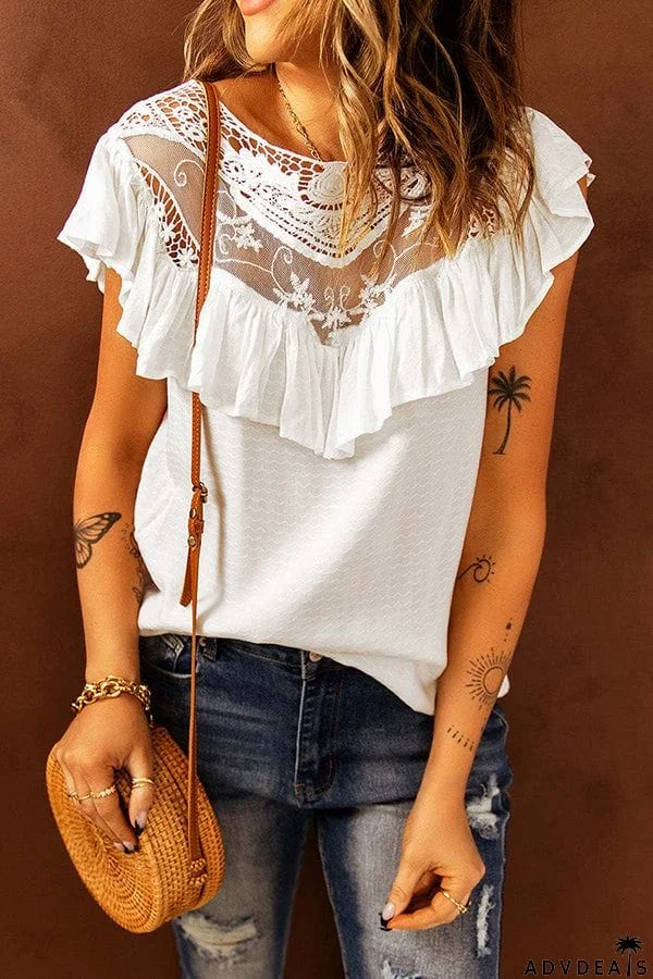 Summer Lace Women's Ruffled Crew Neck Loose Top