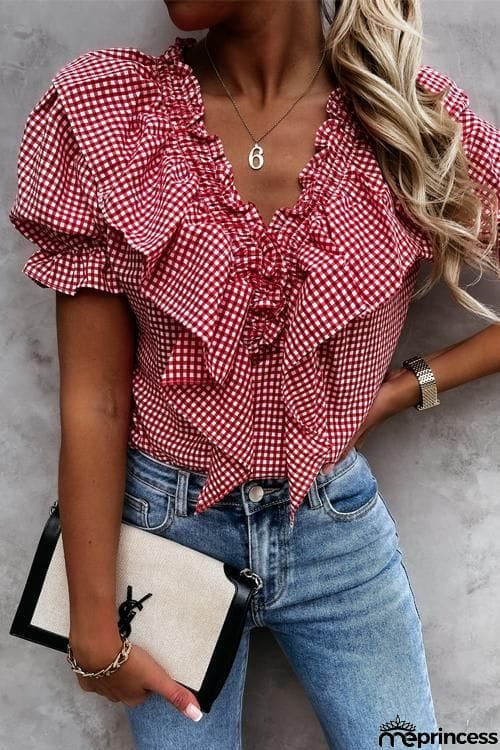 Plaid Ruffles V Neck Puff Sleeve Blouse
