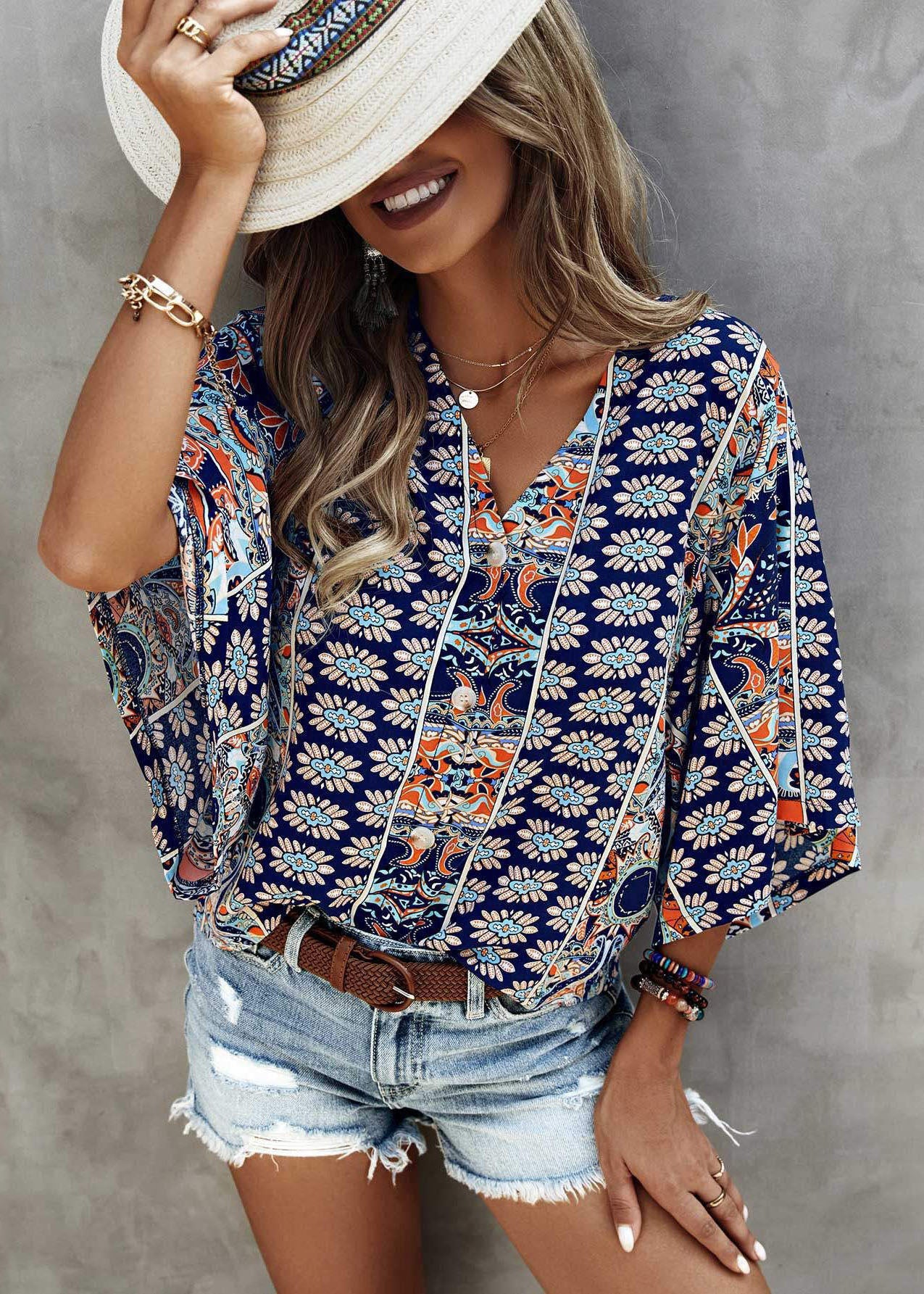 VCSHOES Loose Blue Original Design V Neck Print Tanks Half Sleeve