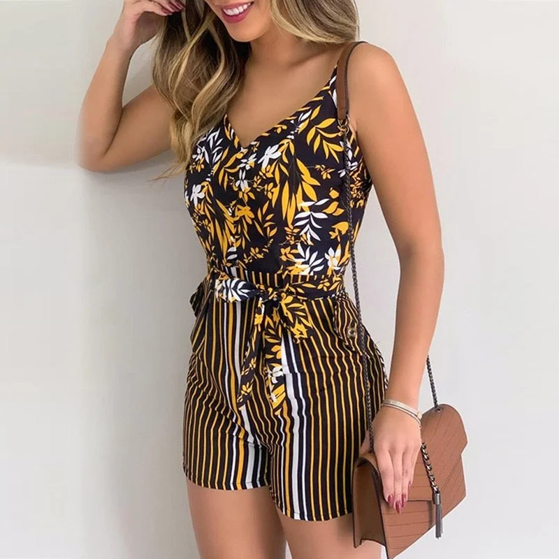 Women Summer Print Jumpsuit With Belt Sleeveless Beach Rompers Bodycon Slim Strap Bodysuit Wide Leg Overalls Playsuit Clothing