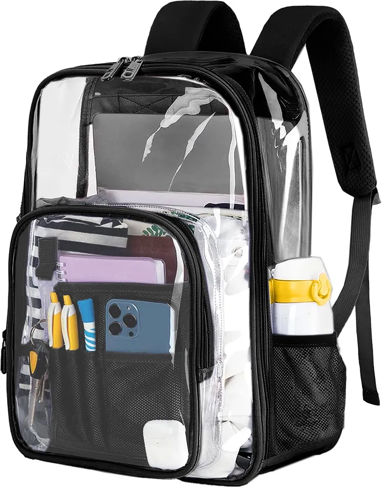 Inadays Waterproof Clear Backpack Heavy Duty PVC Transparent Large Capacity Backpack with Reinforced Strap for School, Work, Stadium, Travel, Security, Festival, College (Black)