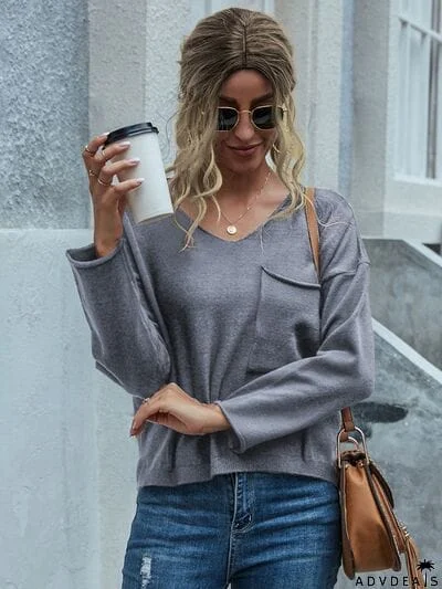 Pocketed V-Neck Dropped Shoulder Sweater