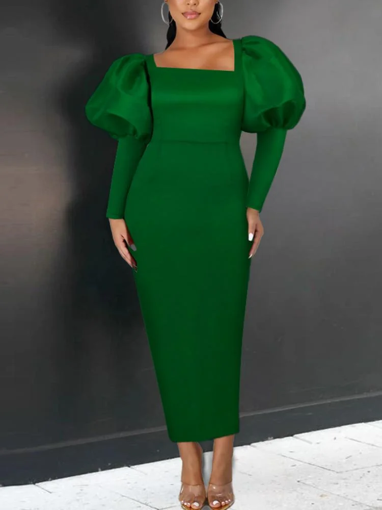 Neosepa-Army Green Square Neck Long Bubble Sleeve Back Slit Stain Maxi Dress