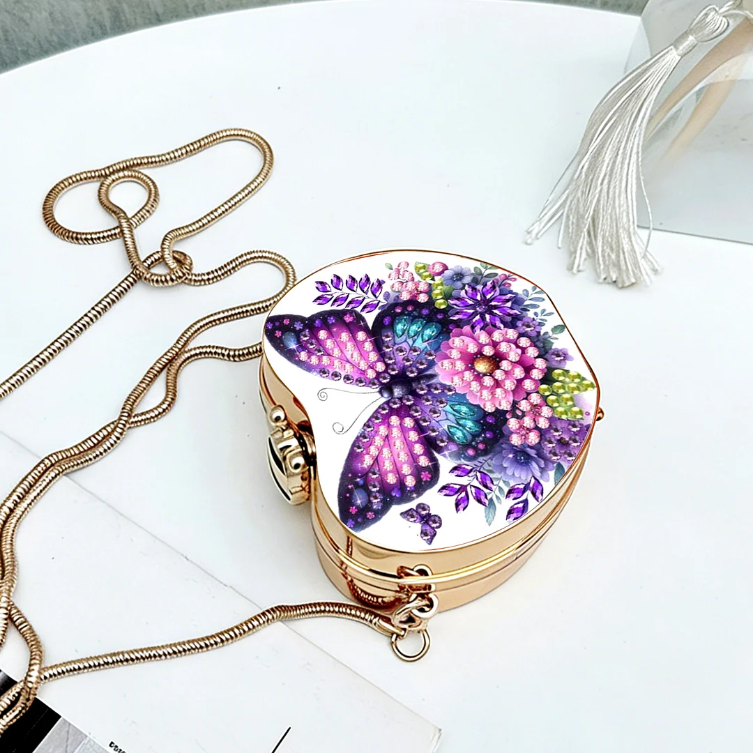 Purple Butterfly DIY Acrylic Love Diamond Art Painting Card Case Wallet with Chain Small Diamond Painting Crossbody Bag for Adults Women Girls Gift