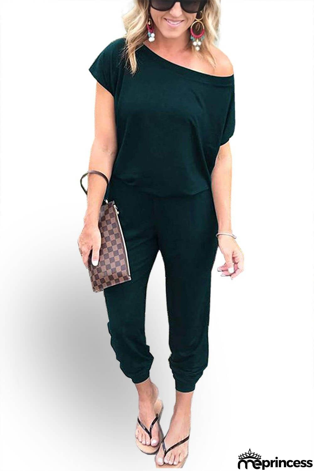 Women's Loose Fit Off Shoulder Jumpsuit Rompers with Pockets