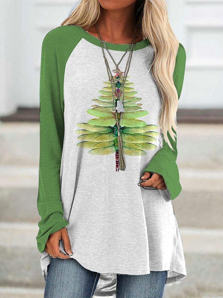 Casual Tree Printed O neck Raglan SLeeve Long T shirt P1772616