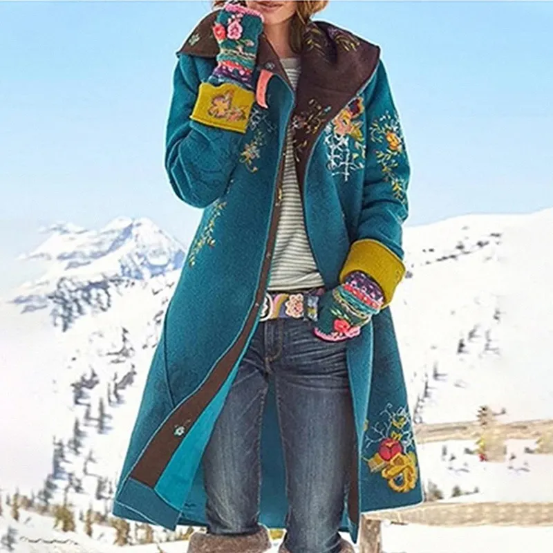 Fashion Warm Wool Vintage Print Hooded Lapel Fleece Casual Coats