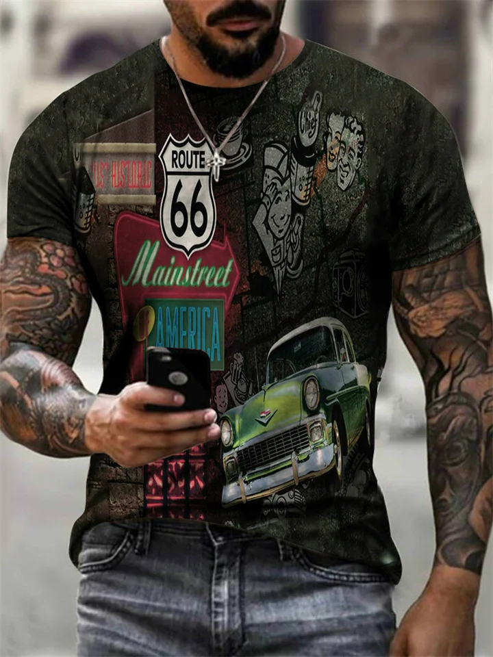 Summer New U.S. Route 66 Loose Casual Printing Men's Round Neck Short Sleeve Tops T-shirt