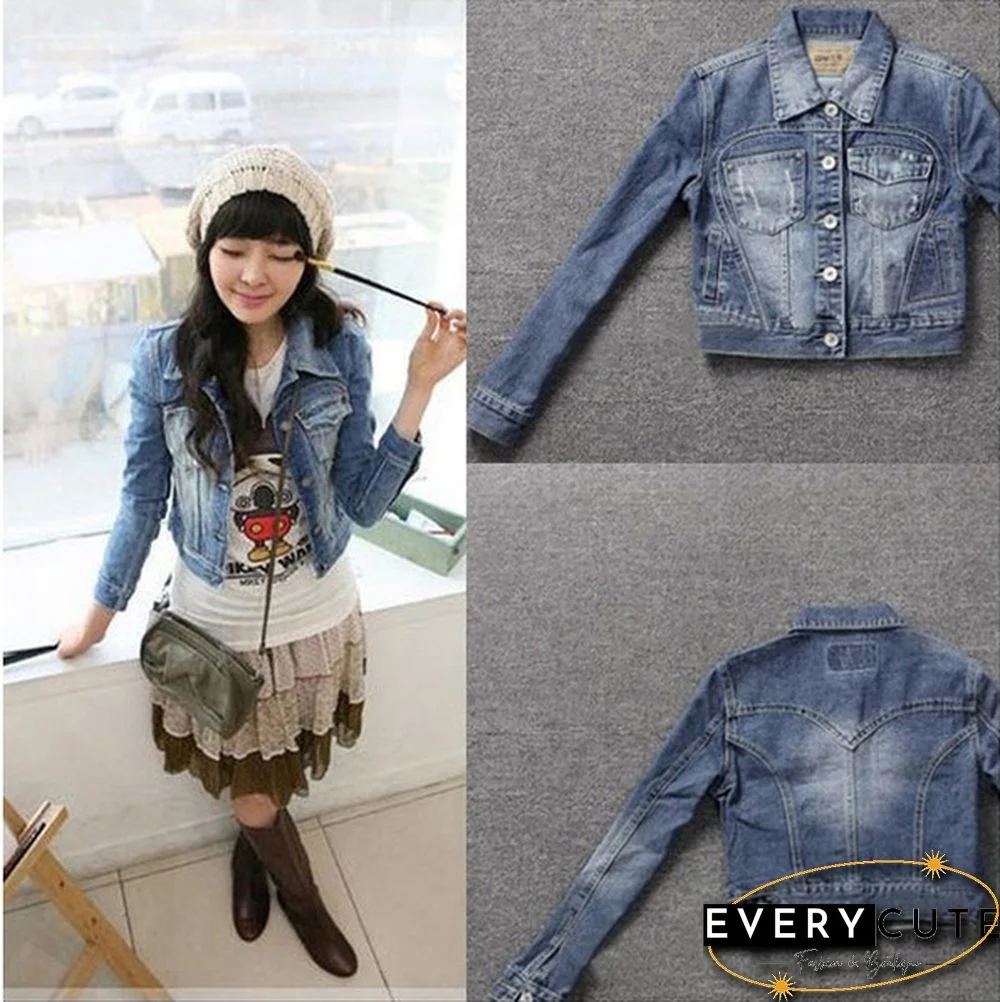 Spring Womens Girls Sweet Princess Slim Crop Denim Jacket Distressed Outerwear Coat Worn White Washed Short Jean Jacket