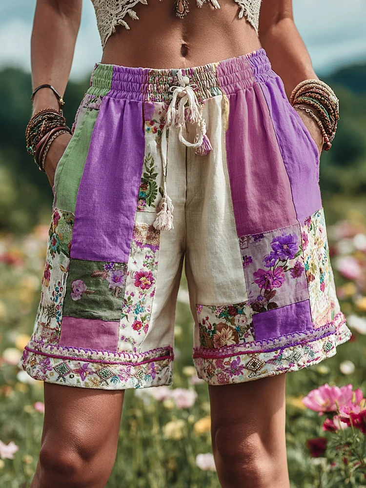 VChics Women's Patchwork Floral Contrast Waist Drawstring Pocket Shorts