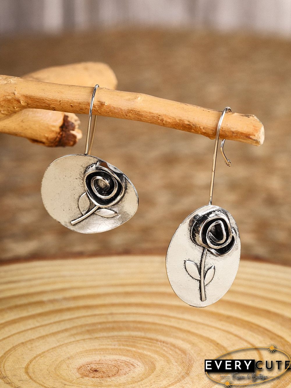 Vintage Boho Asymmetric Leaf Rose Flower Earrings