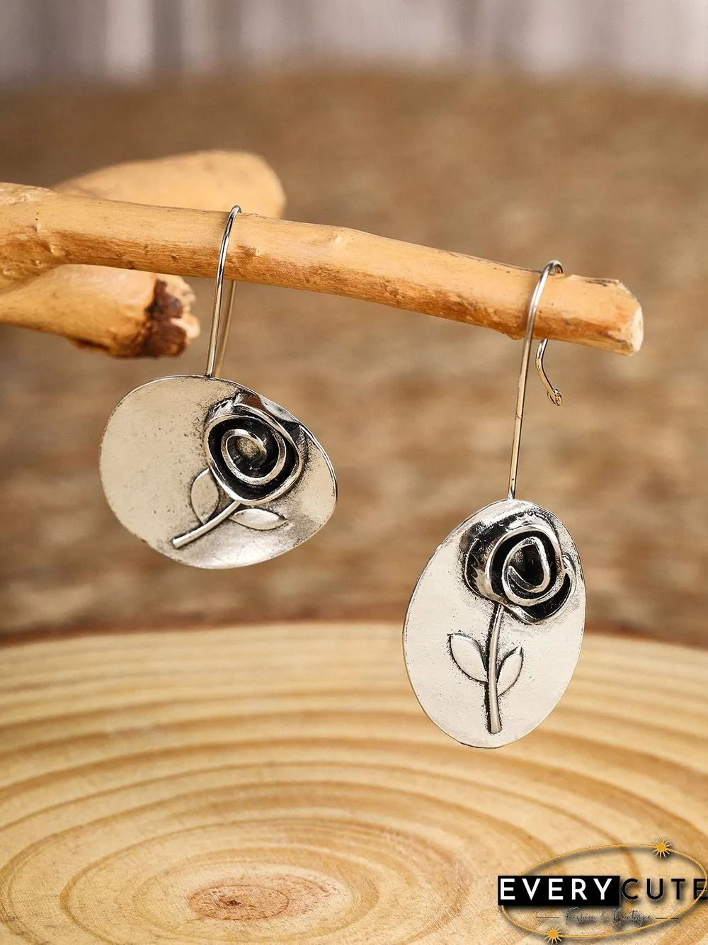 Vintage Boho Asymmetric Leaf Rose Flower Earrings