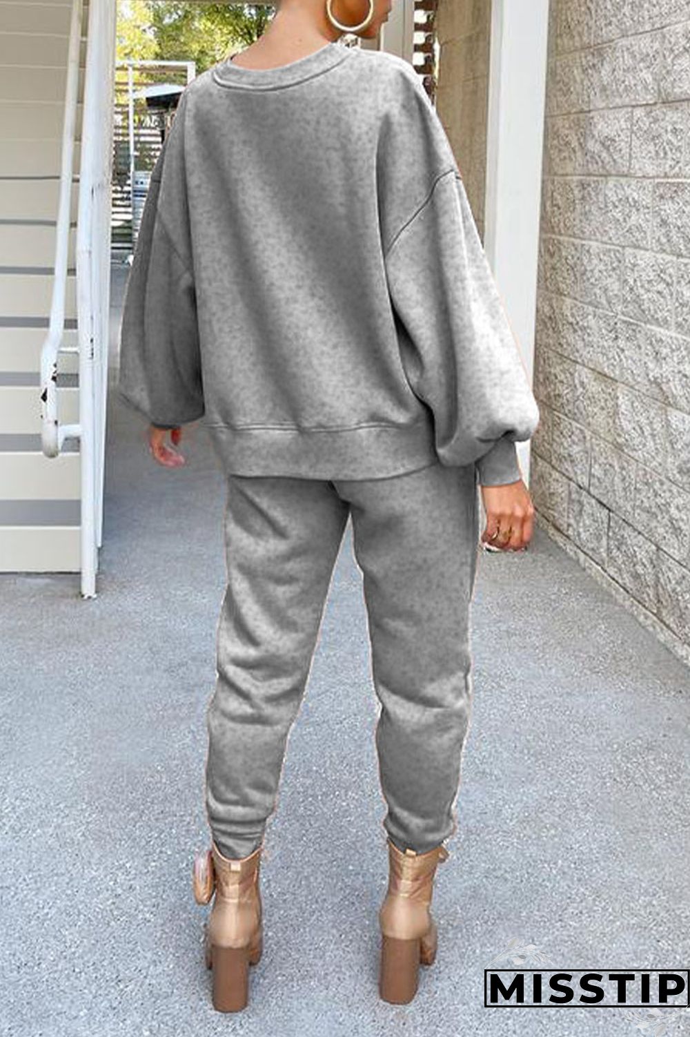 Coffee Casual Solid Patchwork O Neck Long Sleeve Two Pieces