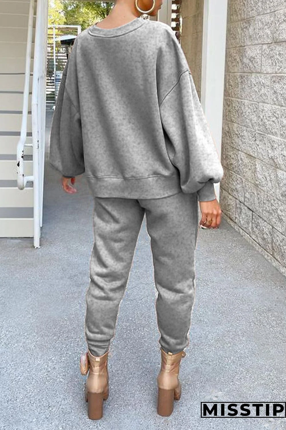 Coffee Casual Solid Patchwork O Neck Long Sleeve Two Pieces