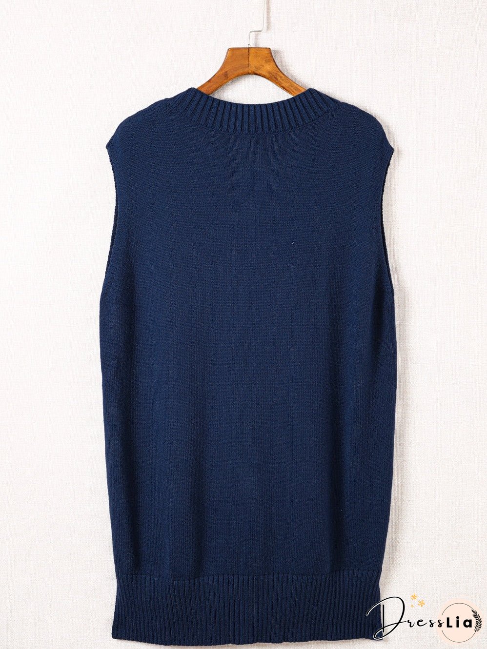 Navy Blue Ribbed Knitted Sleeveless Vest Sweater