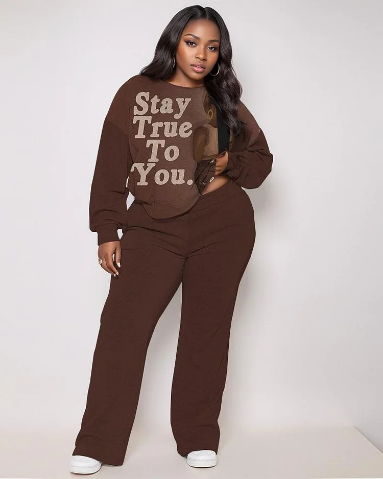Stay True To You Long-Sleeved Crew Neck Top and Solid Color Casual Pants Set