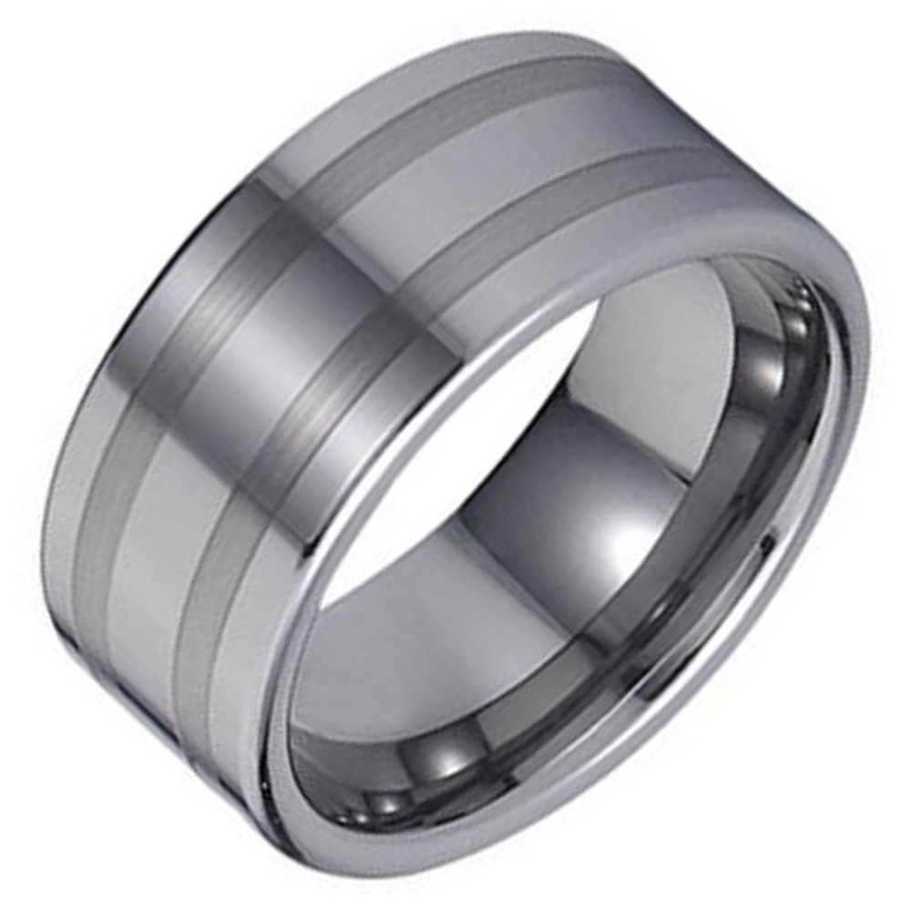 8MM Silver Two Striped Brushed Mens Flat Tungsten Ring