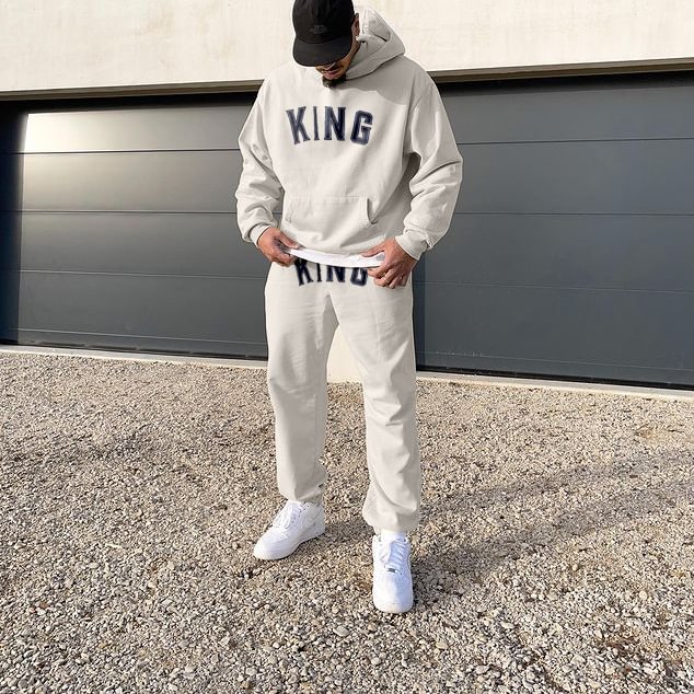 Casual King Print Fashion Hooded Loose Sweatshirt Two Piece Set