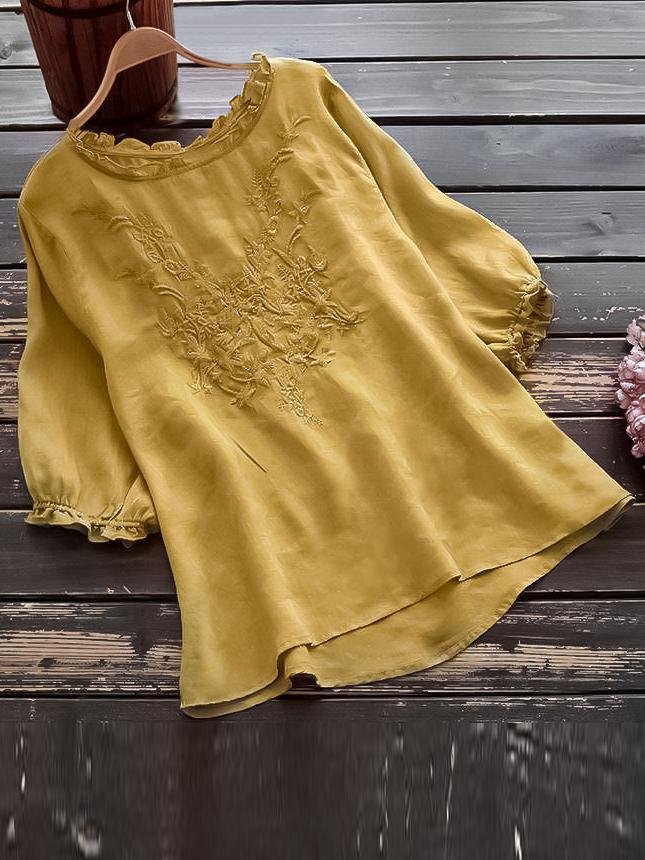 Women's Floral Print Cotton And Linen Casual T-shirt