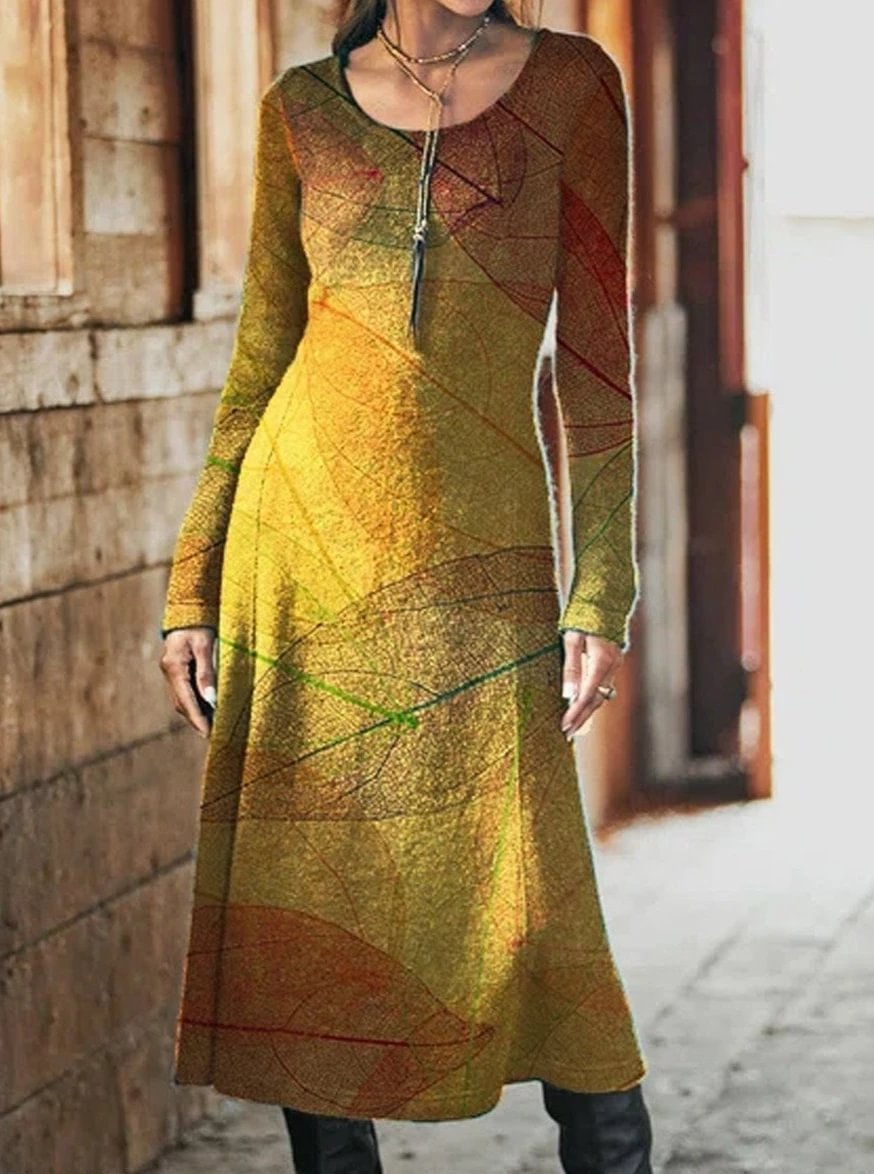 Casual Leaf Print Crew Neck Long Sleeves Maxi Dress | EGEMISS