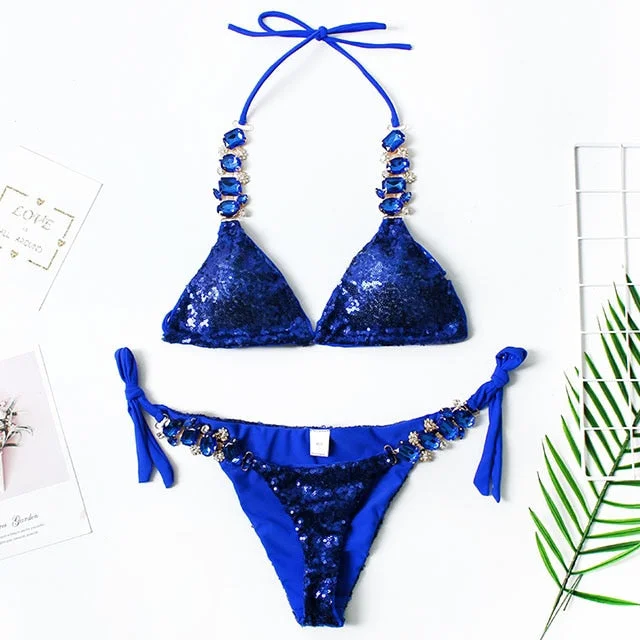 New Shiny Crystal Rhinestone Bikini 2021 Female Bandeau Swimsuit Women Halter Swimwear Diamond Bikini set Push up Bathing Suit