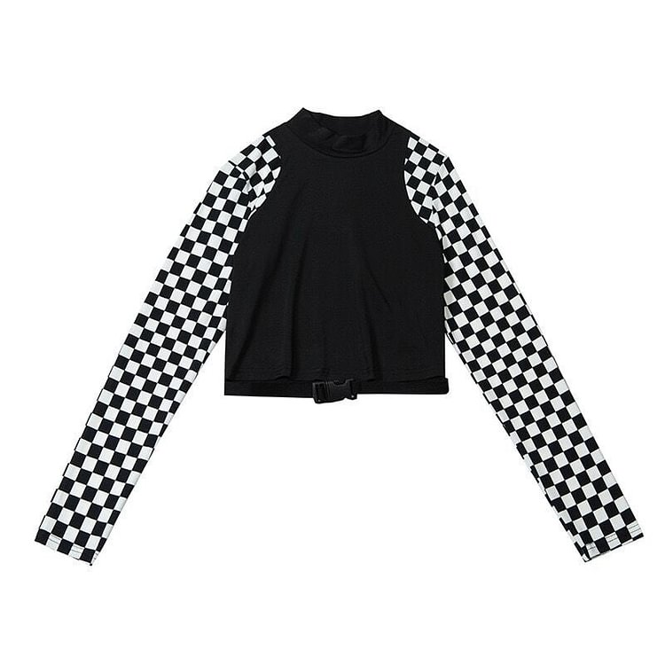 Checkboard Long Sleeve Belly Top