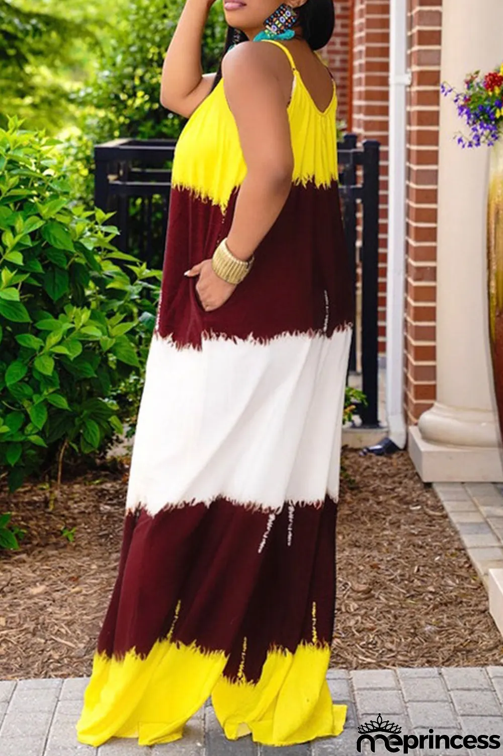 Yellow Casual Print Patchwork Spaghetti Strap Plus Size Jumpsuits