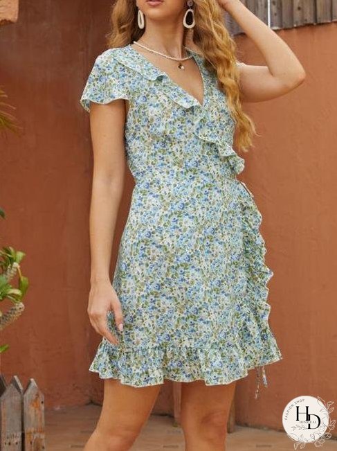 Deep V Neck Print Ruffle Dress for Women