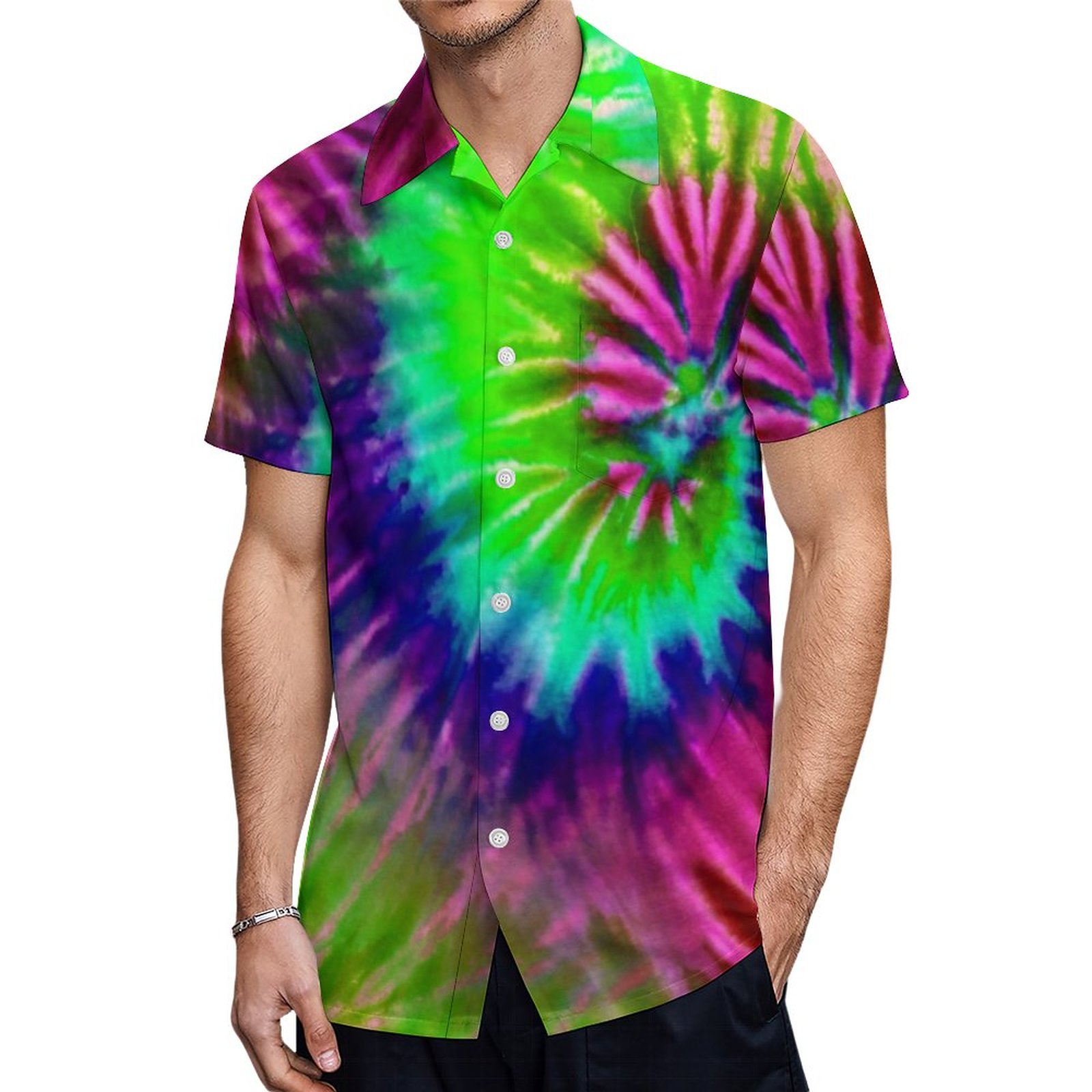 Tropical Rainbow Green Magenta Starburst Tie Dye Hawaiian Shirt Mens Button Down Tropical Hawaii Beach Shirts