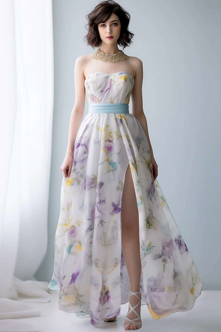 Zaruci Wedding Guest Multicolor Chiffon Floral Print Strapless Slit Maxi Dress [Pre-Order]