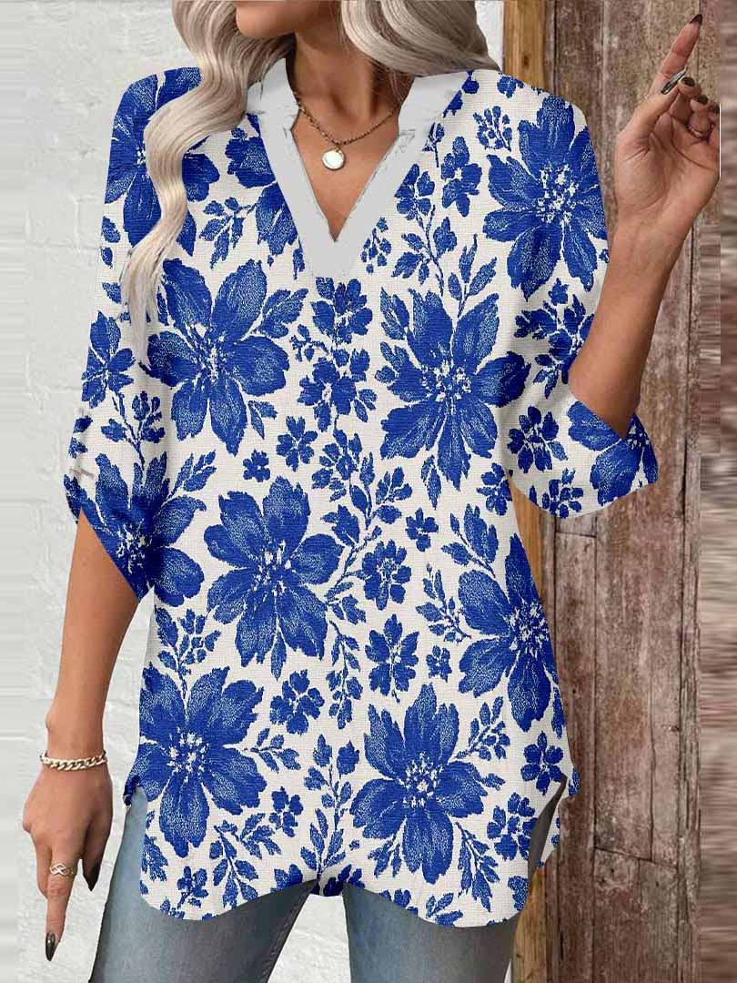 Women Floral, Blue DZGA0117 3/4 Sleeve V-neck Printed Graphic Button Tops